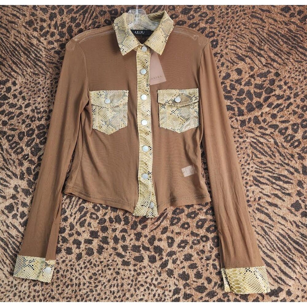 New Akira Women's Brown Sheer blouse with Snake Accents Size Large